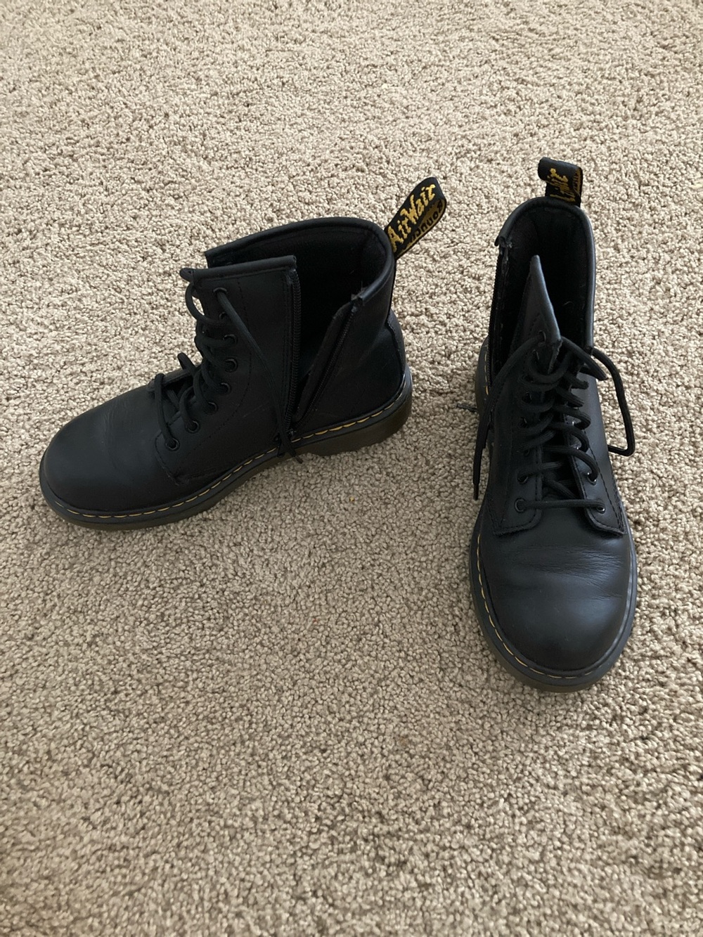 Dr. Martens Black Kids Zip & Lace Combat Boots with Yellow Stitching